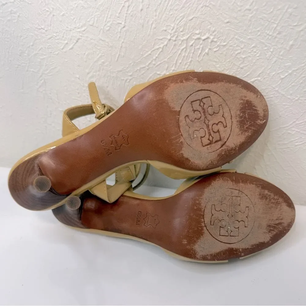 Tory Burch Tania Patent Leather Ankle Strap Sandals Tan 6.5
